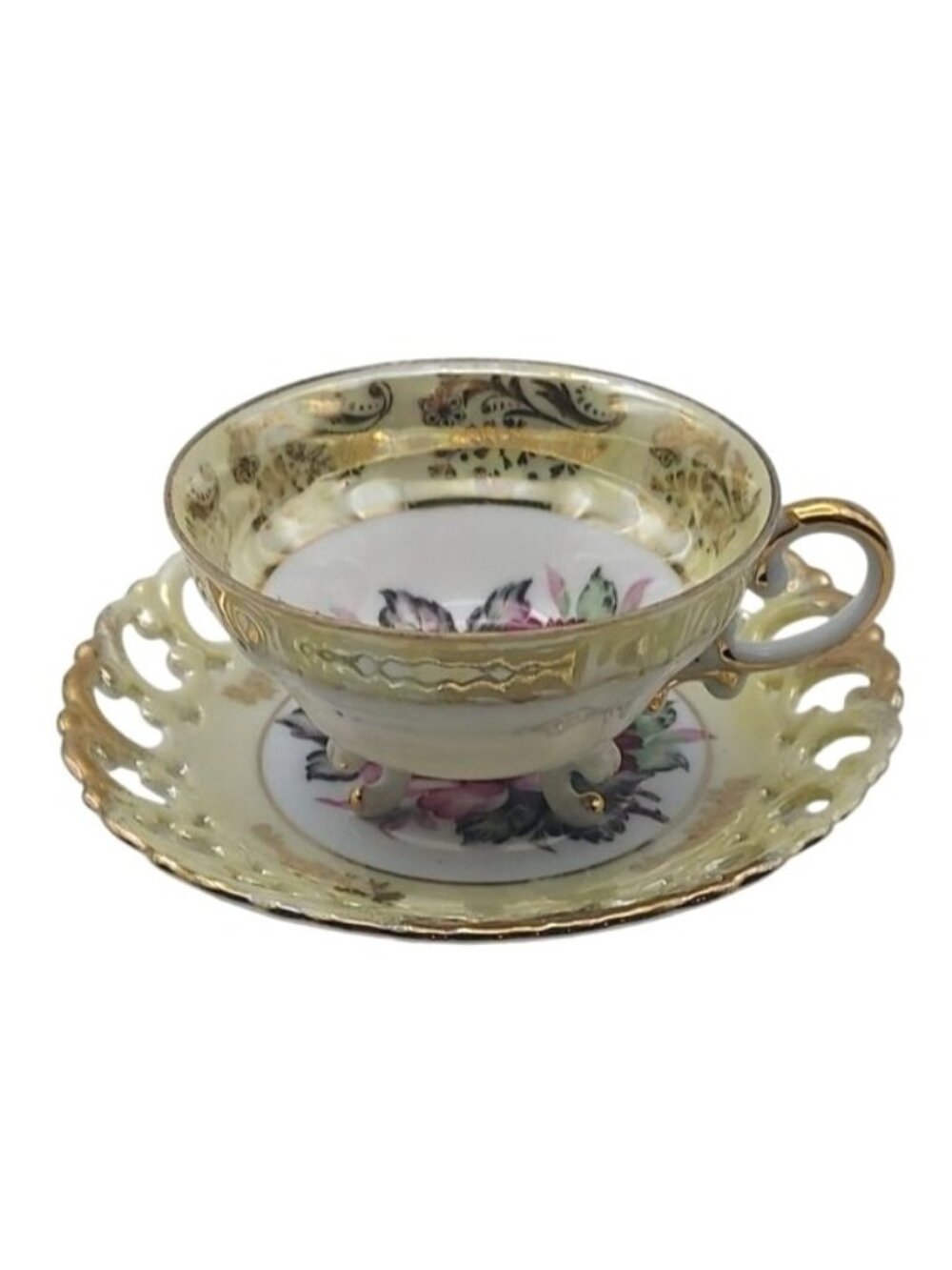 Vintage Royal Sealy Lusterware Footed Reticulated Teacup Saucer Set  Japan MCM